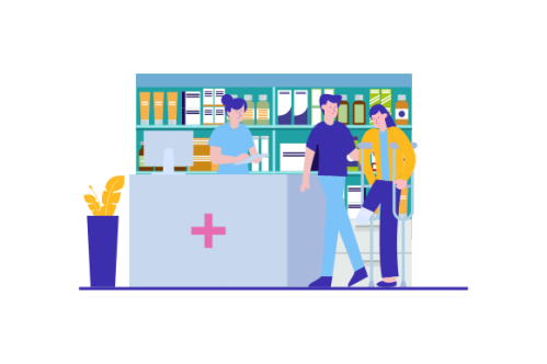 Modern pharmacy interior with visitors set. client order and buy medicaments and drugs. healthcare a