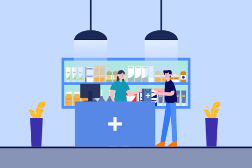 Modern pharmacy interior with visitors set. client order and buy medicaments and drugs. healthcare a
