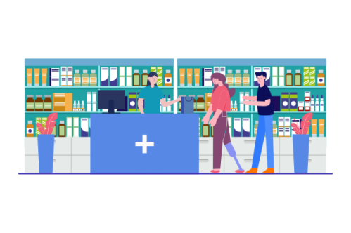 Modern pharmacy interior with visitors set. client order and buy medicaments and drugs. healthcare a