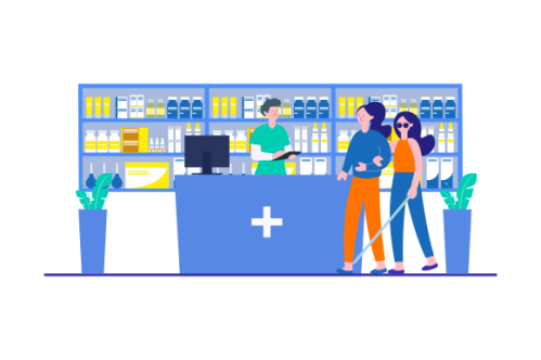 Modern pharmacy interior with visitors set. client order and buy medicaments and drugs. healthcare a