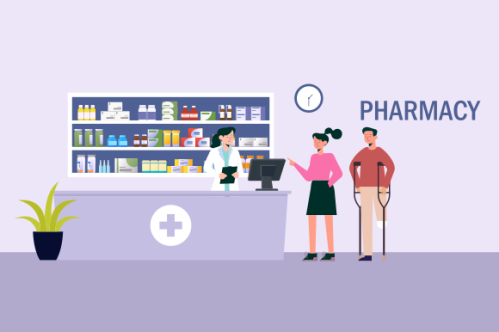 Modern pharmacy interior with visitors set. client order and buy medicaments and drugs. healthcare a