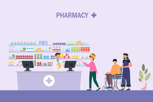 Modern pharmacy interior with visitors set. client order and buy medicaments and drugs. healthcare a