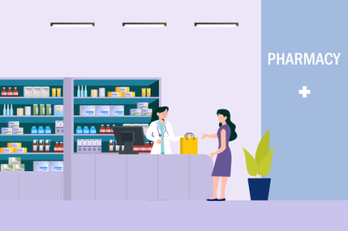 Modern pharmacy interior with visitors set. client order and buy medicaments and drugs. healthcare a