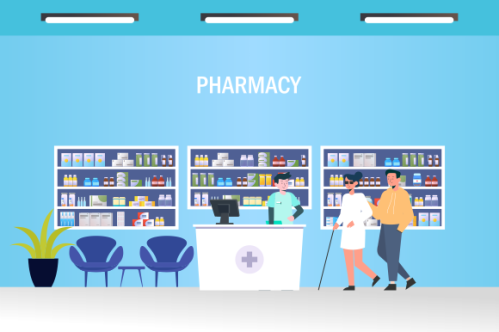 Modern pharmacy interior with visitors set. client order and buy medicaments and drugs. healthcare a