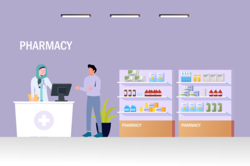 Modern pharmacy interior with visitors set. client order and buy medicaments and drugs. healthcare a