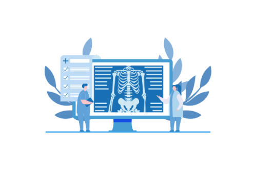 Radiologist concept illustration. Doctor examine x-ray image of human body with computed tomography,