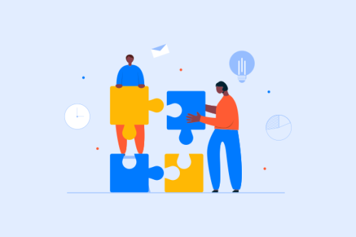 Work team joining puzzle pieces, brainstorming, collaboration, partnership concept