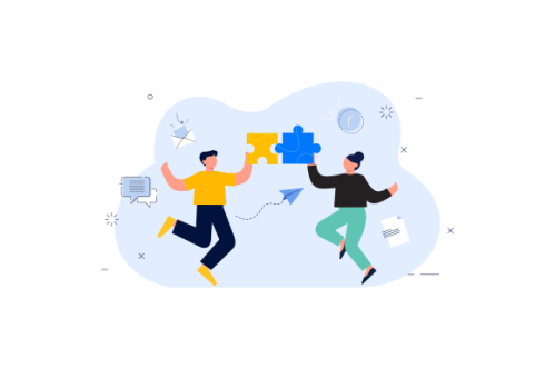 Work team joining puzzle pieces, brainstorming, collaboration, partnership concept