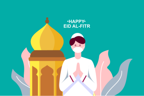 Flat eid al-fitr with people use face mask illustration