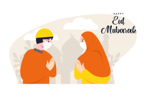 Flat eid al-fitr with people use face mask illustration