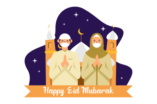 Flat eid al-fitr with people use face mask illustration