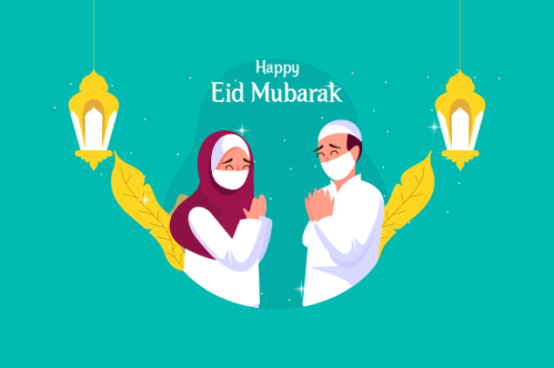 Flat eid al-fitr with people use face mask illustration
