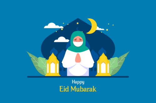 Flat eid al-fitr with people use face mask illustration