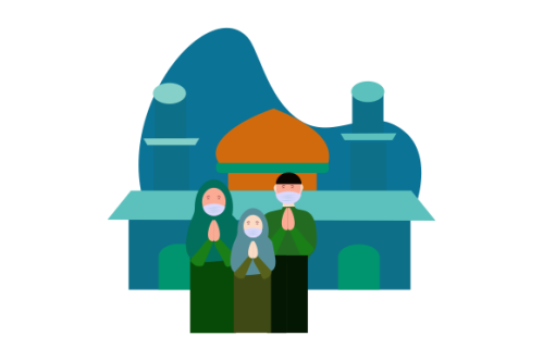 Flat eid al-fitr with people use face mask illustration