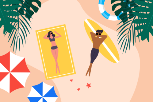 Summer beach illustration, sunbathing on the beach
