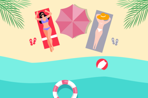 Summer beach illustration, sunbathing on the beach