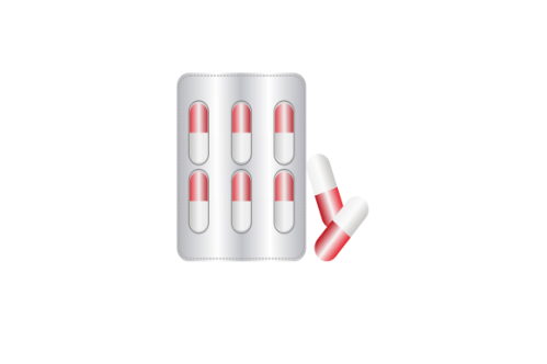 Pills blister pack with capsule. Drug, pill, capsule logo