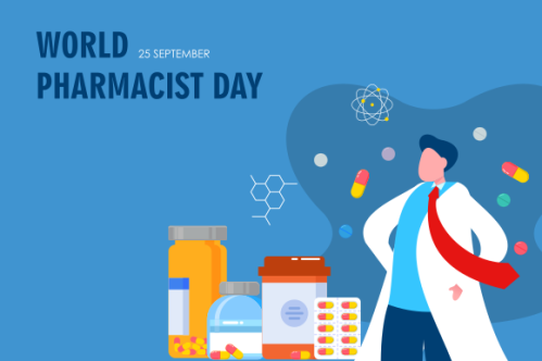World Pharmacist Day. Doctor and pills logo concept