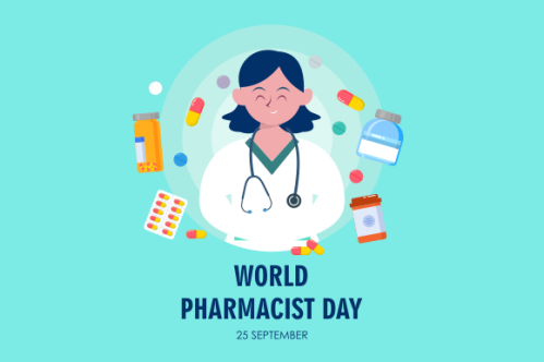 World Pharmacist Day. Doctor and pills logo concept