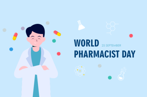 World Pharmacist Day. Doctor and pills logo concept