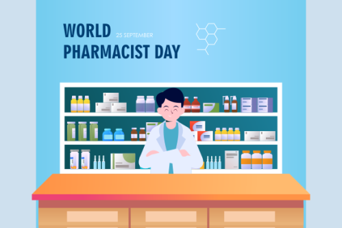 World Pharmacist Day. Doctor and pills logo concept