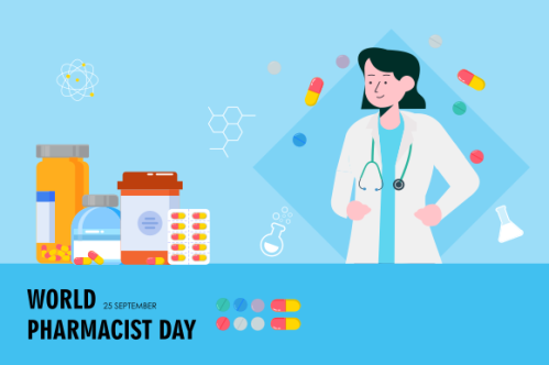 World Pharmacist Day. Doctor and pills logo concept