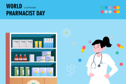 World Pharmacist Day. Doctor and pills logo concept