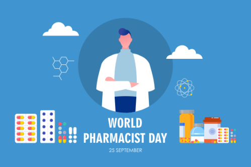 World Pharmacist Day. Doctor and pills logo concept