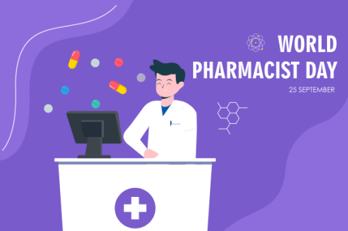 World Pharmacist Day. Doctor and pills logo concept