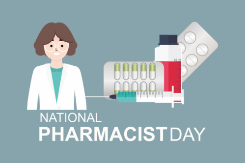 World Pharmacist Day. Doctor and pills logo concept