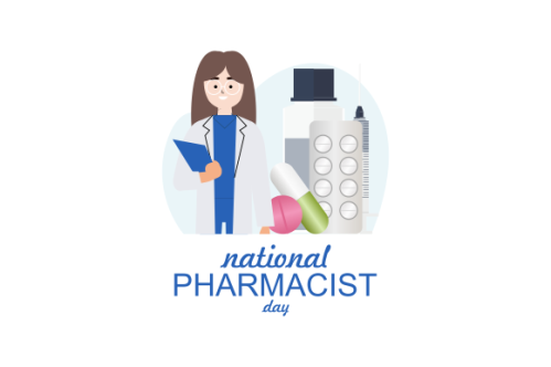 World Pharmacist Day. Doctor and pills logo concept