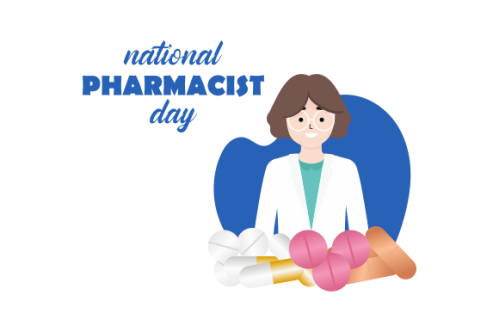 World Pharmacist Day. Doctor and pills logo concept
