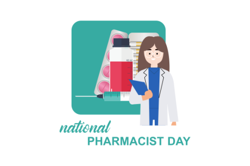 World Pharmacist Day. Doctor and pills logo concept