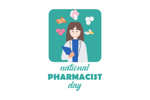 World Pharmacist Day. Doctor and pills logo concept