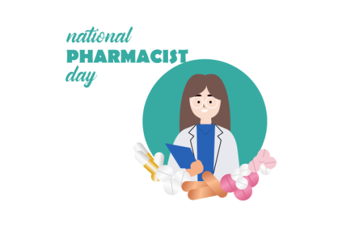 World Pharmacist Day. Doctor and pills logo concept