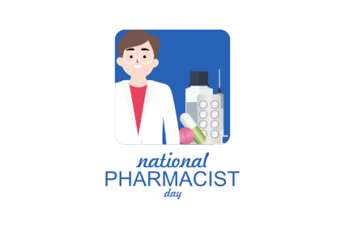 World Pharmacist Day. Doctor and pills logo concept