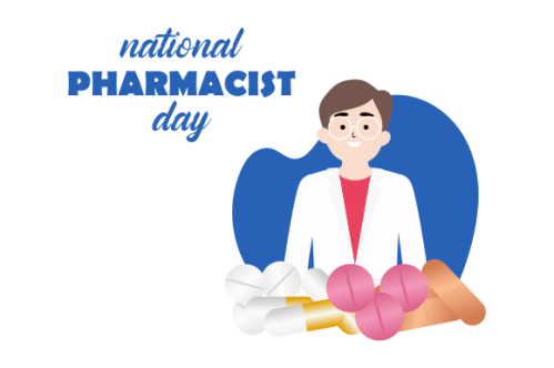 World Pharmacist Day. Doctor and pills logo concept