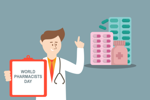 World Pharmacist Day. Doctor and pills logo concept