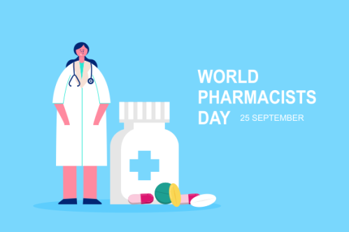 World Pharmacist Day. Doctor and pills logo concept