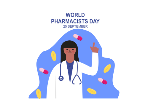 World Pharmacist Day. Doctor and pills logo concept