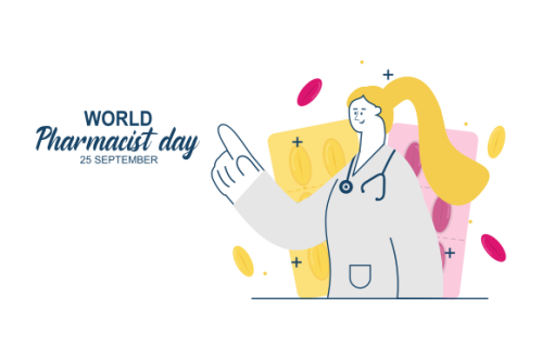 World Pharmacist Day. Doctor and pills logo concept