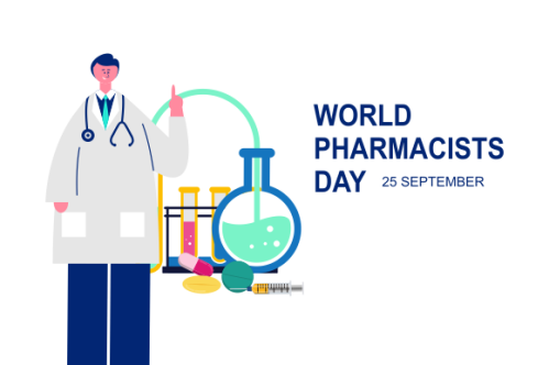 World Pharmacist Day. Doctor and pills logo concept