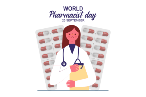 World Pharmacist Day. Doctor and pills logo concept