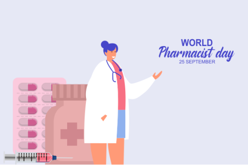 World Pharmacist Day. Doctor and pills logo concept