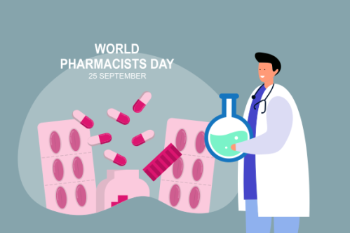 World Pharmacist Day. Doctor and pills logo concept