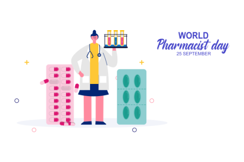 World Pharmacist Day. Doctor and pills logo concept