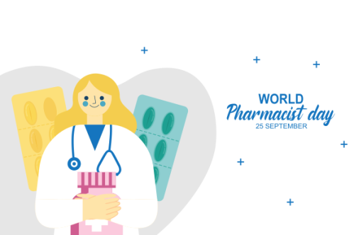 World Pharmacist Day. Doctor and pills logo concept