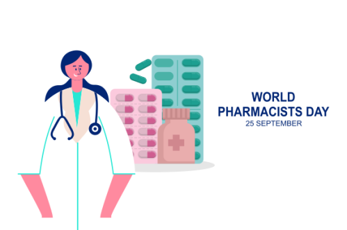 World Pharmacist Day. Doctor and pills logo concept