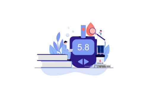 Blood glucose testing meter and insulin production concept illustration