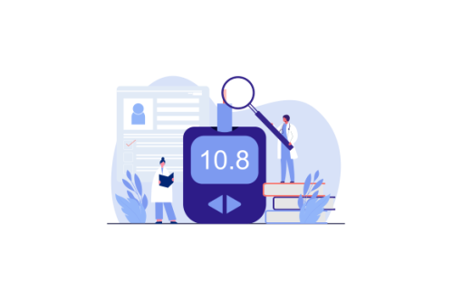 Blood glucose testing meter and insulin production concept illustration